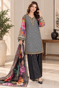 Black & White Printed Silky Viscose 3-Piece Suit with Embroidered Sleeves & Floral Dupatta