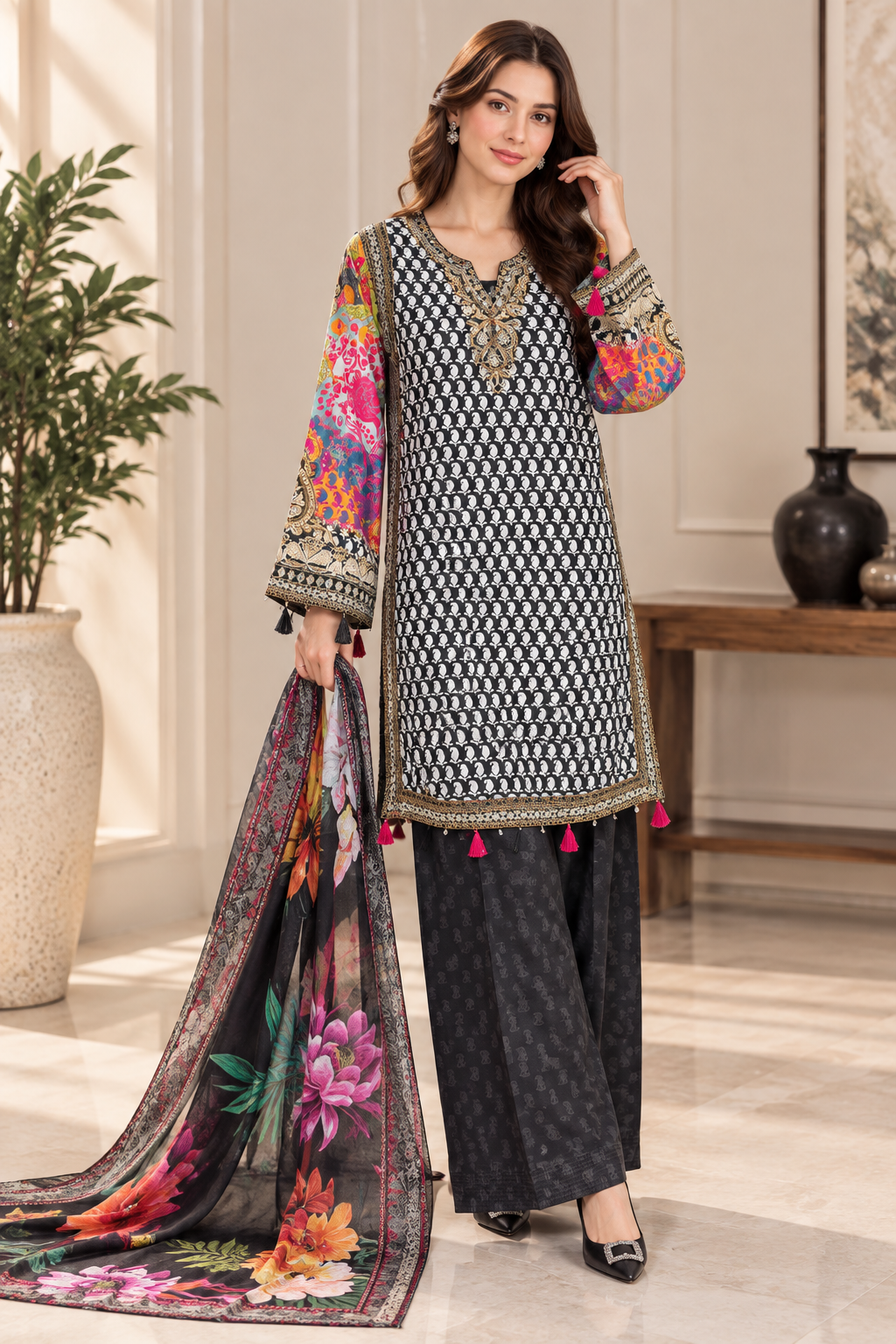 Black & White Printed Silky Viscose 3-Piece Suit with Embroidered Sleeves & Floral Dupatta