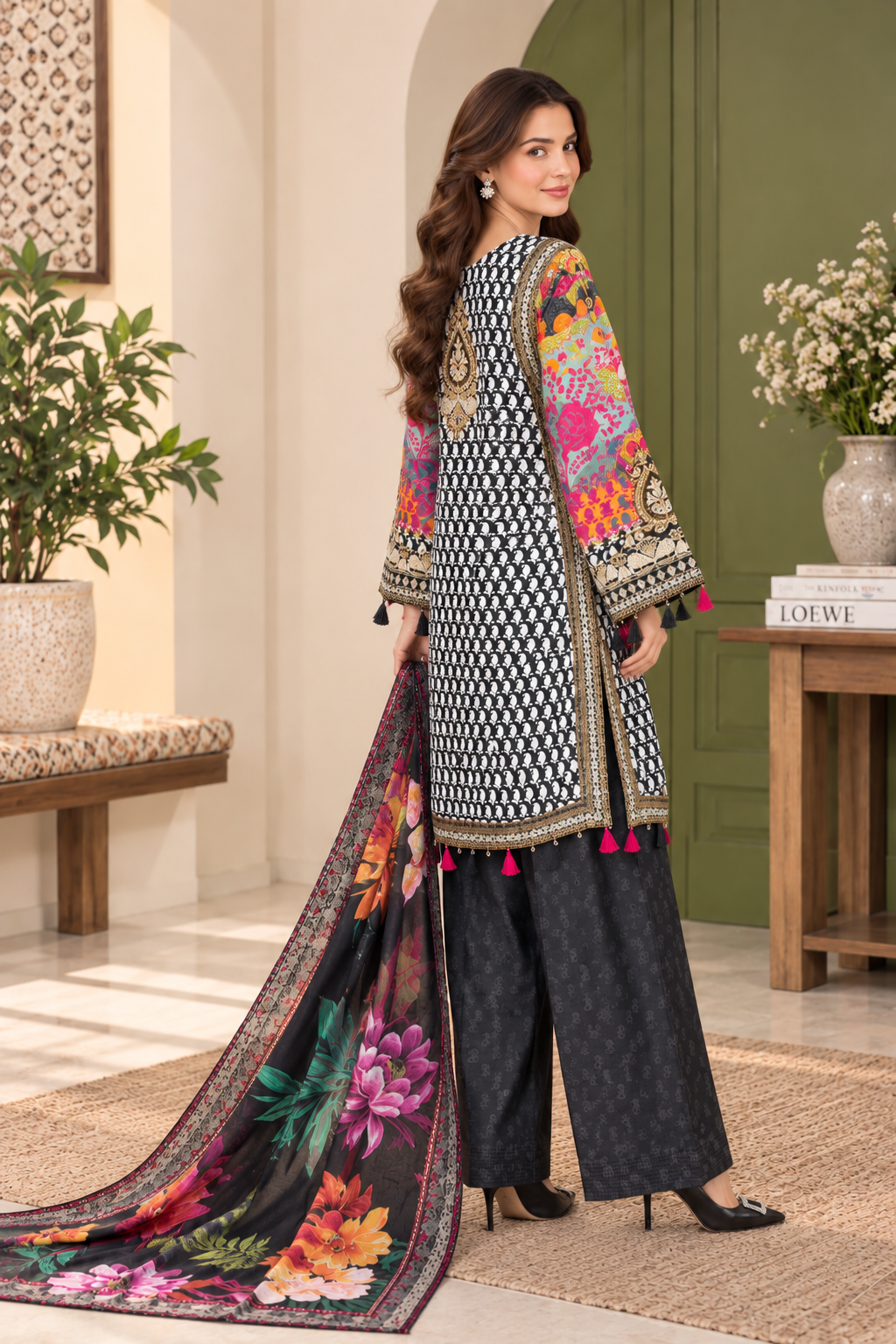 Black & White Printed Silky Viscose 3-Piece Suit with Embroidered Sleeves & Floral Dupatta