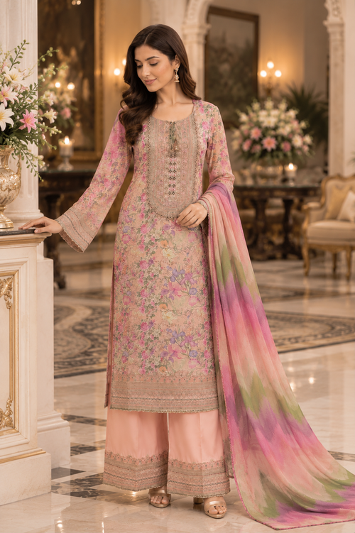 Pastel Pink Floral Printed Silky Viscose 3-Piece Suit with Embroidered Neckline & Printed Dupatta