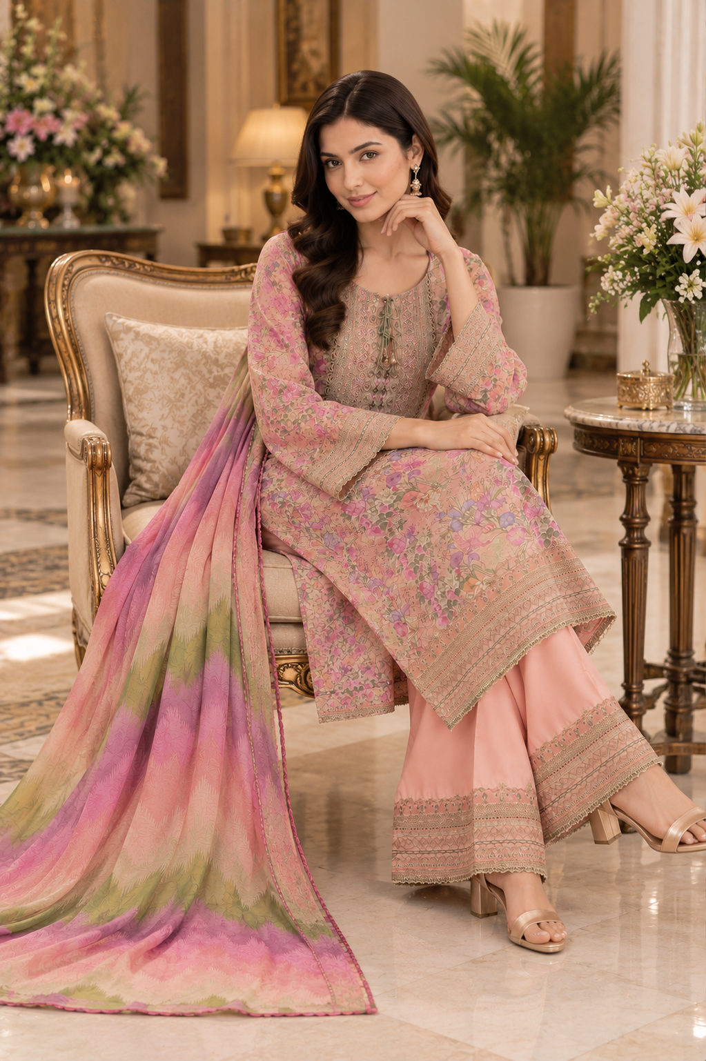 Pastel Pink Floral Printed Silky Viscose 3-Piece Suit with Embroidered Neckline & Printed Dupatta