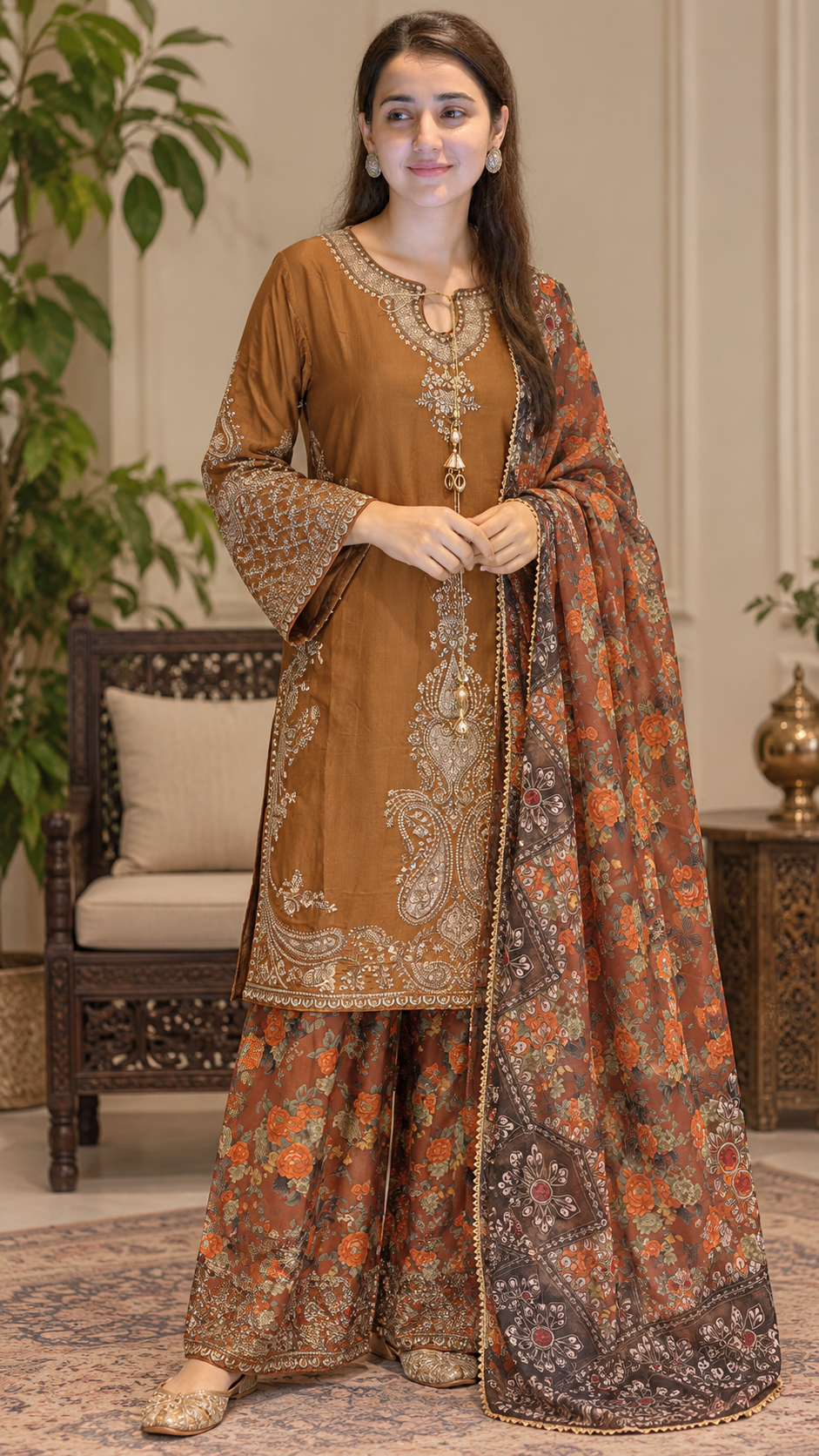 Caramel Brown Embroidered Organza Masuri 3-Piece Suit with Floral Palazzo & Printed Dupatta