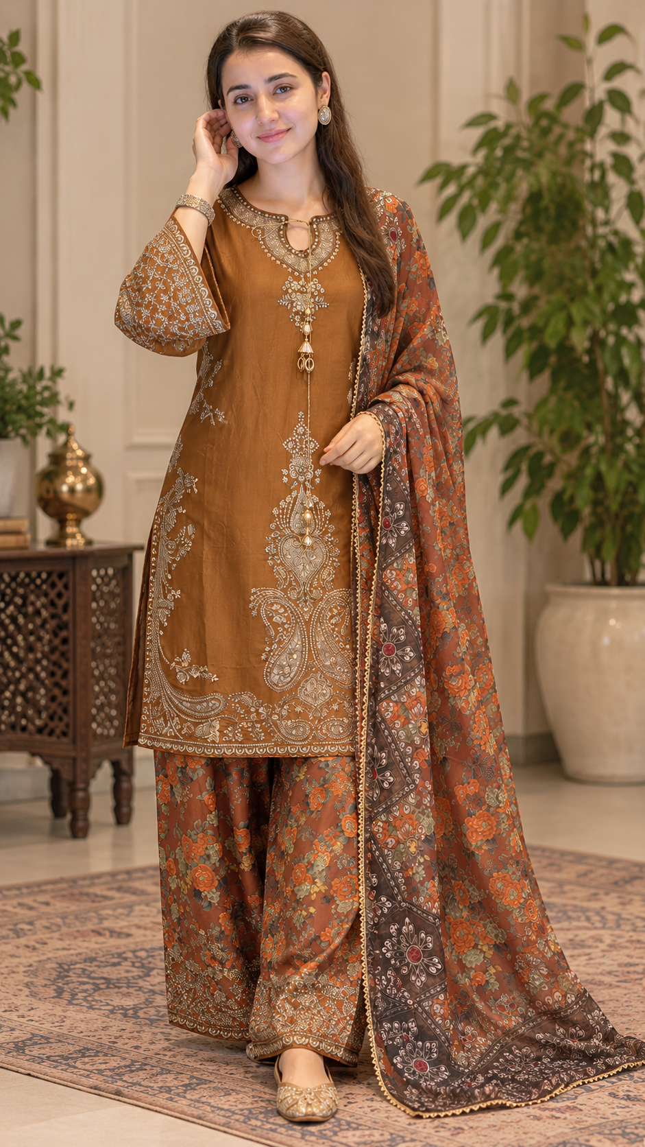 Caramel Brown Embroidered Organza Masuri 3-Piece Suit with Floral Palazzo & Printed Dupatta