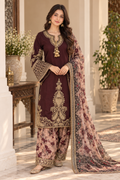 Deep Burgundy Embroidered 3-Piece Organza Masuri Suit with Floral Trouser & Printed Dupatta