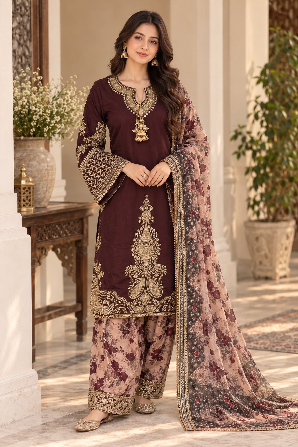 Deep Burgundy Embroidered 3-Piece Organza Masuri Suit with Floral Trouser & Printed Dupatta
