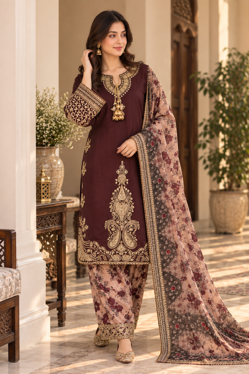 Deep Burgundy Embroidered 3-Piece Organza Masuri Suit with Floral Trouser & Printed Dupatta