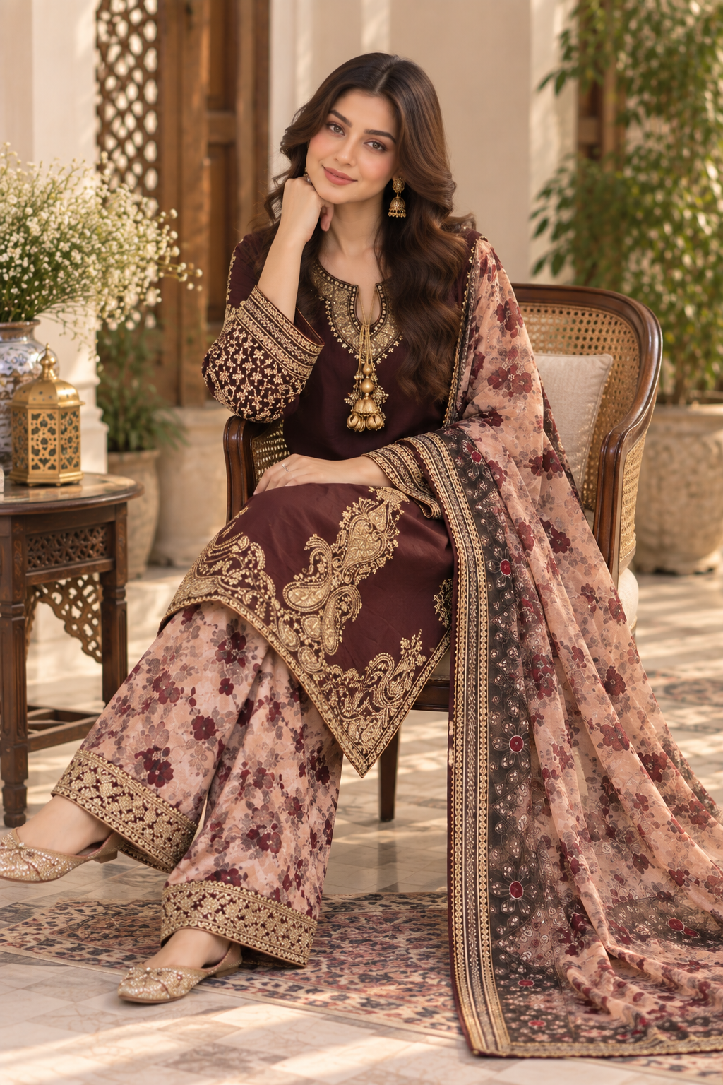 Deep Burgundy Embroidered 3-Piece Organza Masuri Suit with Floral Trouser & Printed Dupatta