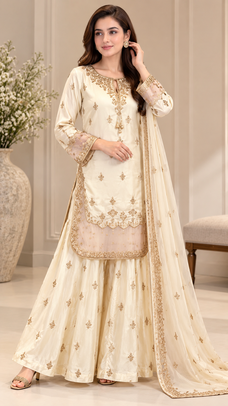 Ivory Gold Hand-Embellished Tissue Silk 3-Piece Sharara Suit