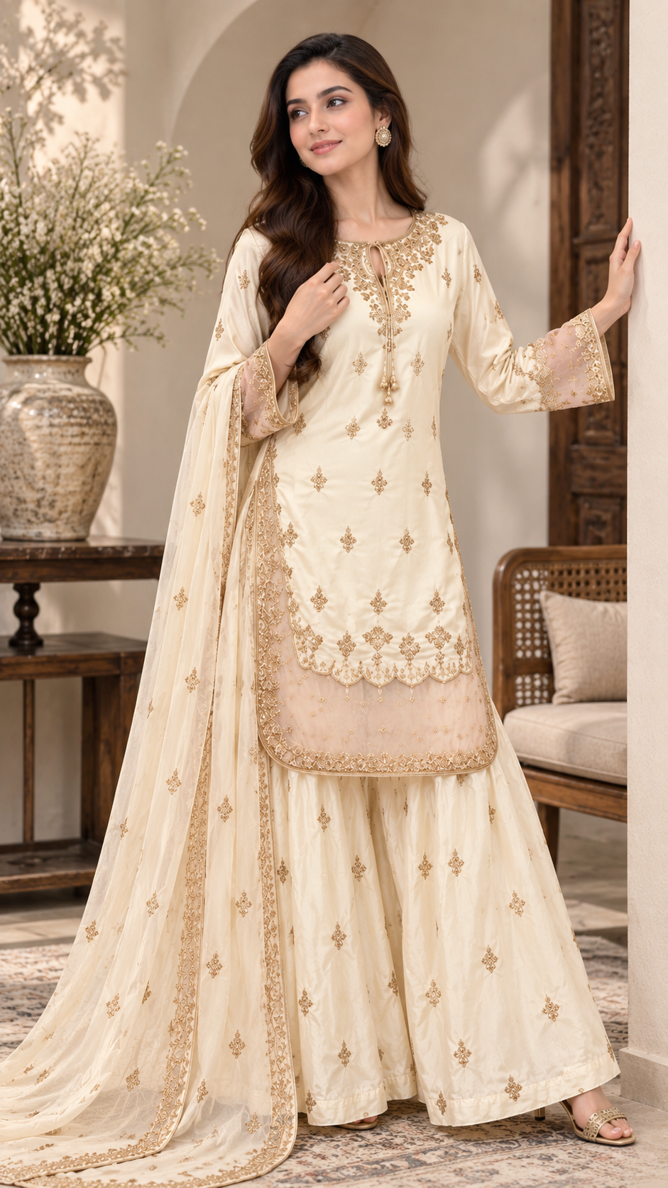 Ivory Gold Hand-Embellished Tissue Silk 3-Piece Sharara Suit