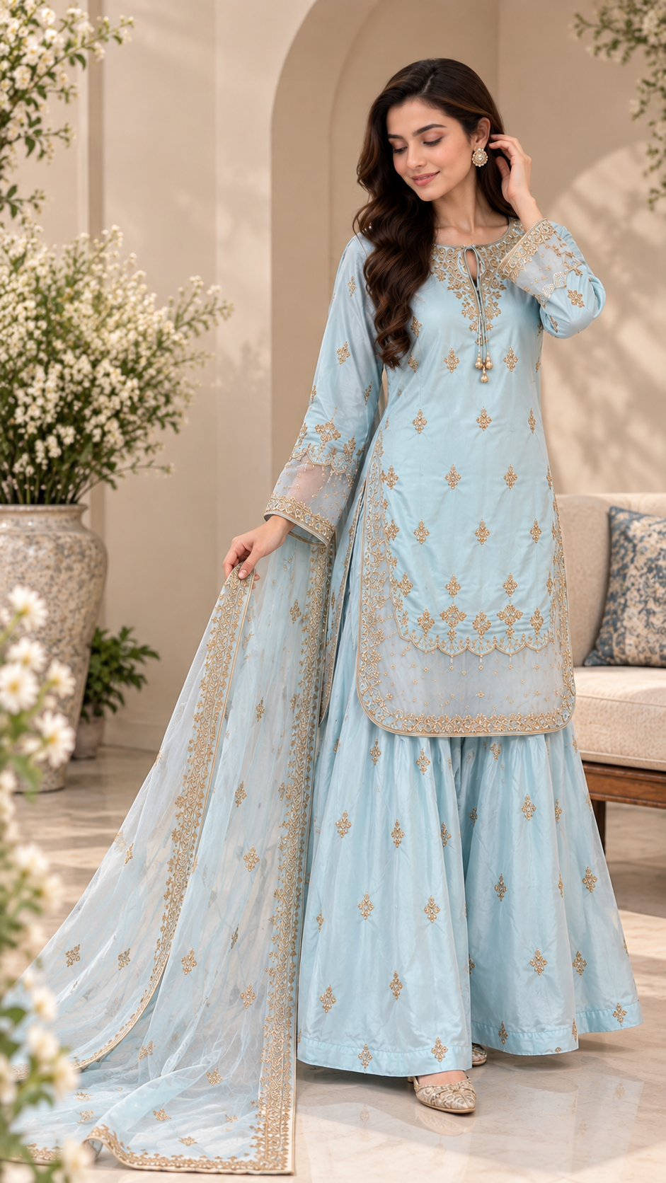 Ice Blue Gold Hand-Embellished Tissue Silk 3-Piece Sharara Suit