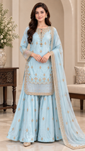 Ice Blue Gold Hand-Embellished Tissue Silk 3-Piece Sharara Suit