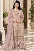 Blush Pink Floral Embroidered 3-Piece Organza Masuri Suit with Printed Trouser & Dupatta