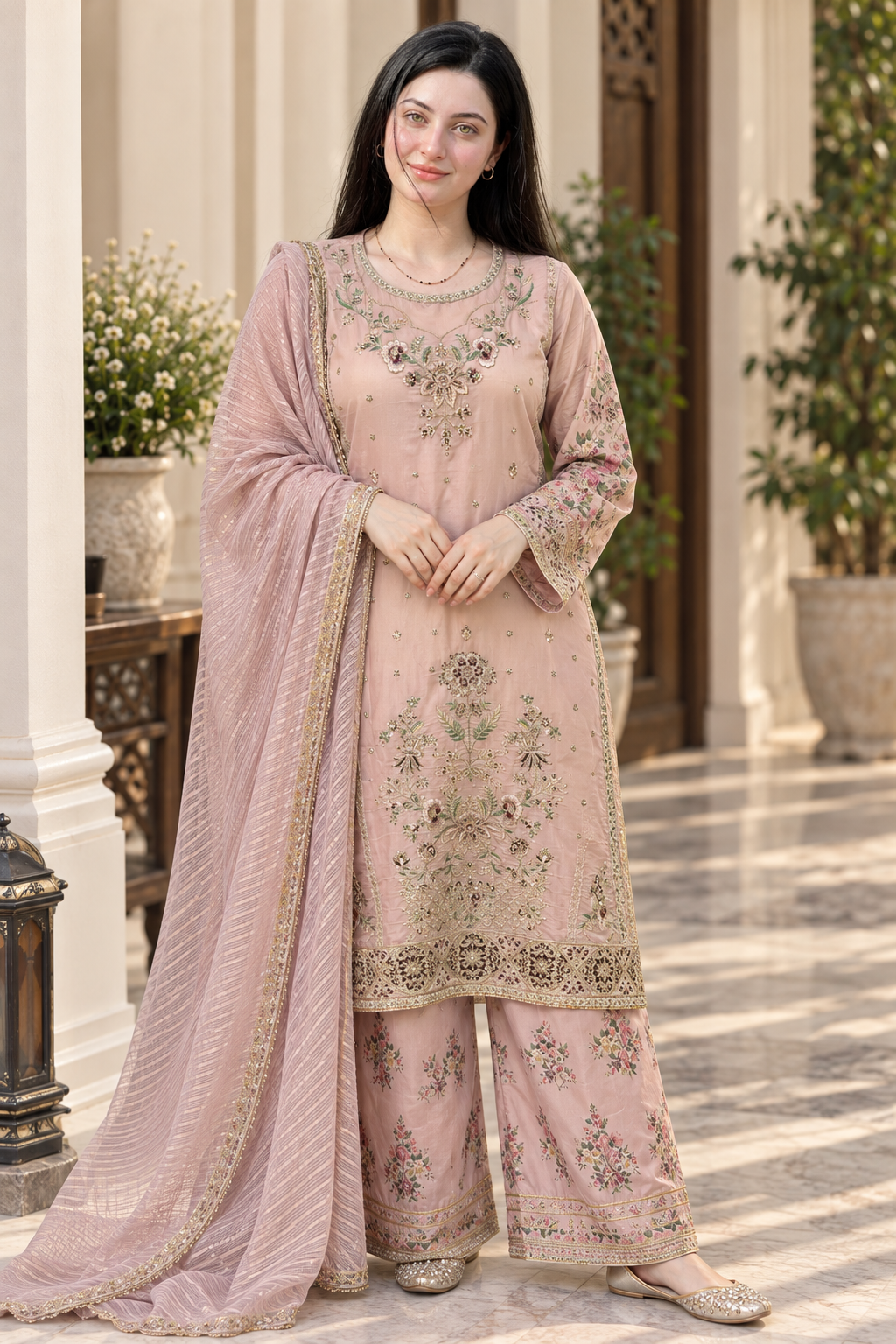 Blush Pink Floral Embroidered 3-Piece Organza Masuri Suit with Printed Trouser & Dupatta