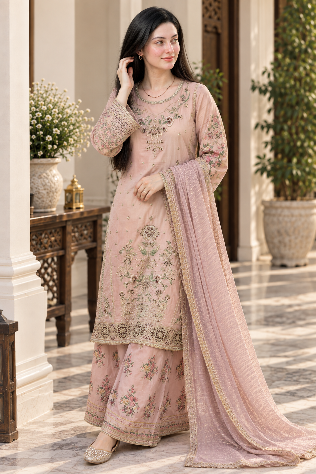 Blush Pink Floral Embroidered 3-Piece Organza Masuri Suit with Printed Trouser & Dupatta