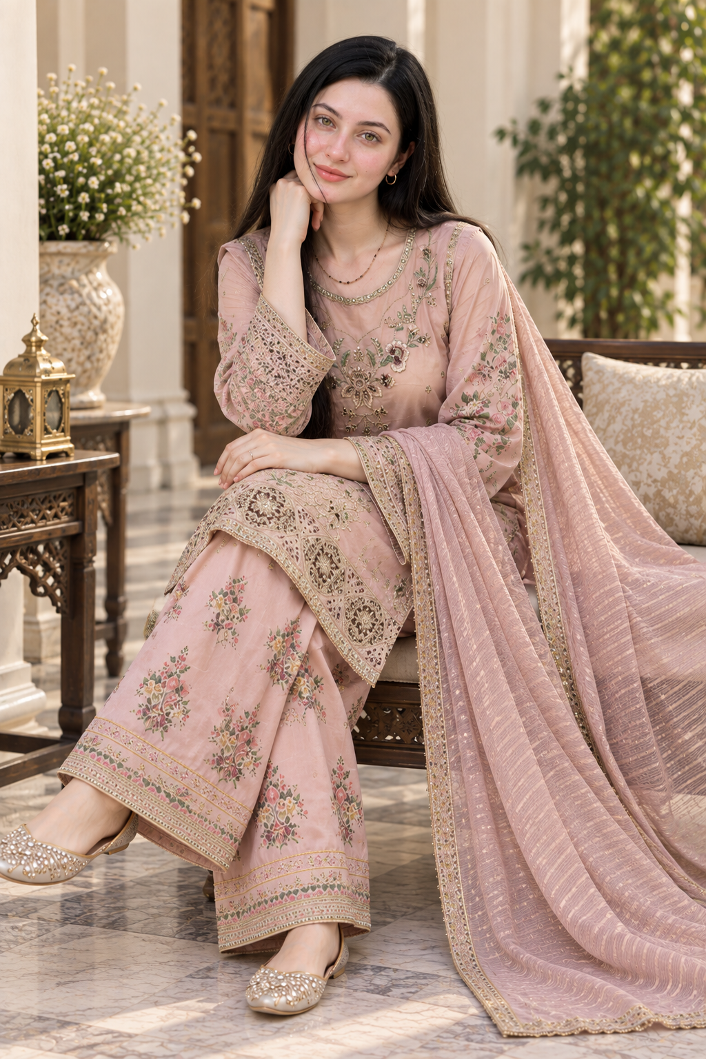 Blush Pink Floral Embroidered 3-Piece Organza Masuri Suit with Printed Trouser & Dupatta