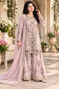 Dusty Pink Floral Embroidered Organza Masuri 3-Piece Suit with Hand Embellishments