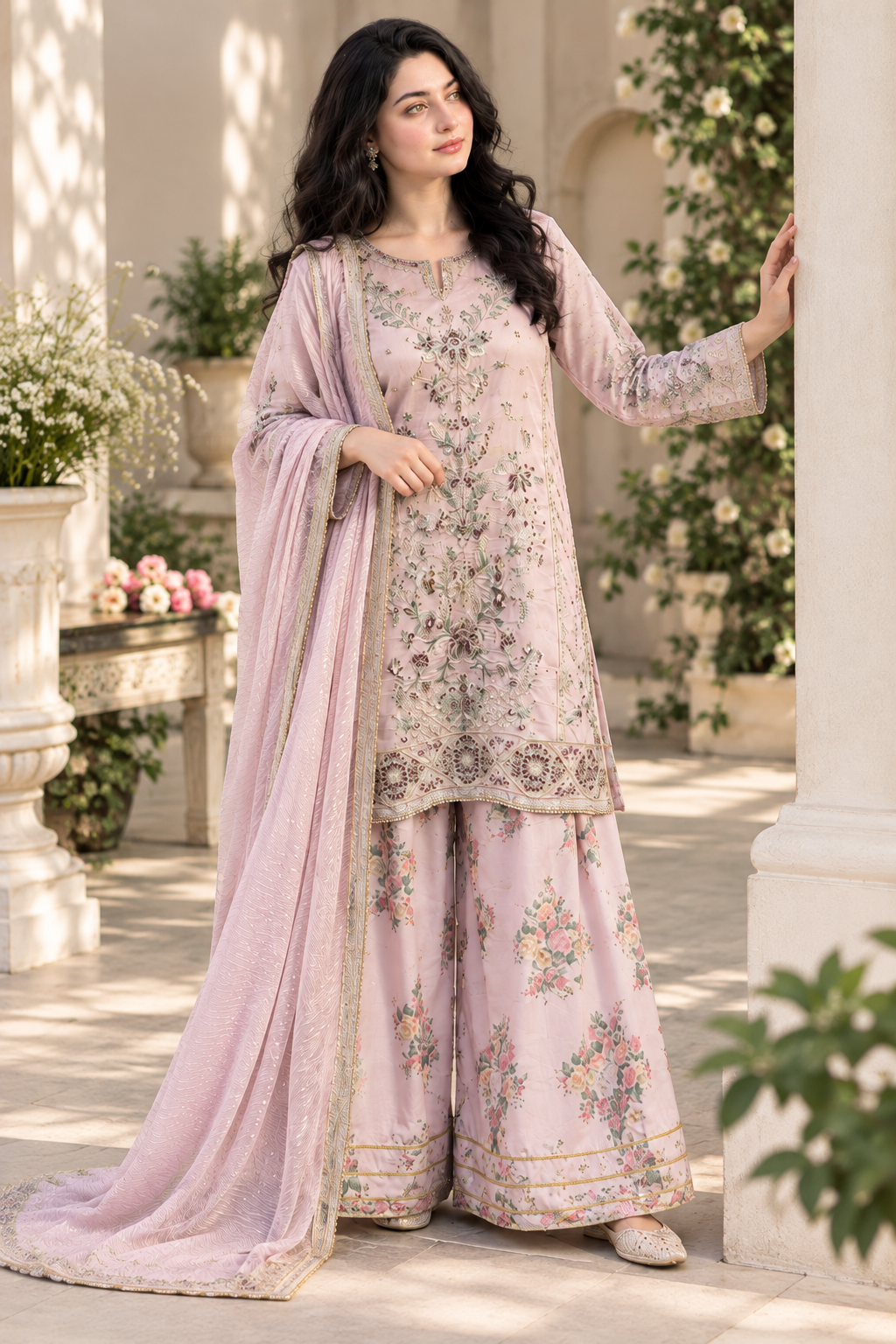 Dusty Pink Floral Embroidered Organza Masuri 3-Piece Suit with Hand Embellishments
