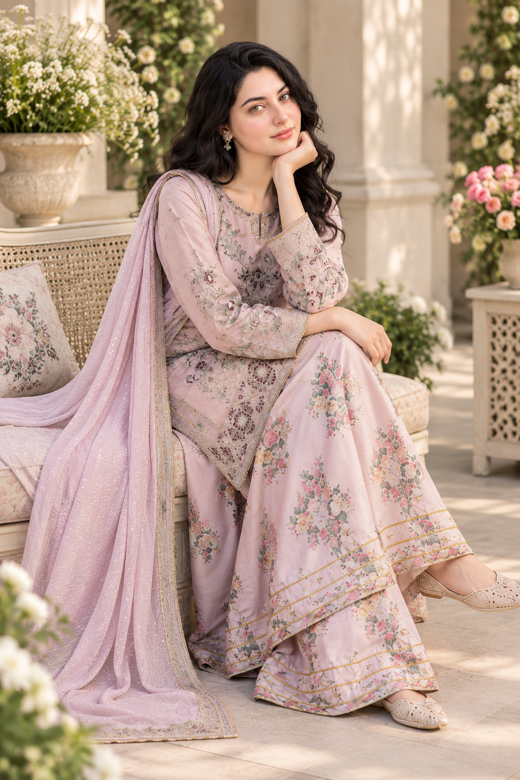 Dusty Pink Floral Embroidered Organza Masuri 3-Piece Suit with Hand Embellishments