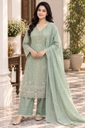 Sage Green Embroidered 3-Piece Organza Masuri Suit with Printed Trouser & Dupatta
