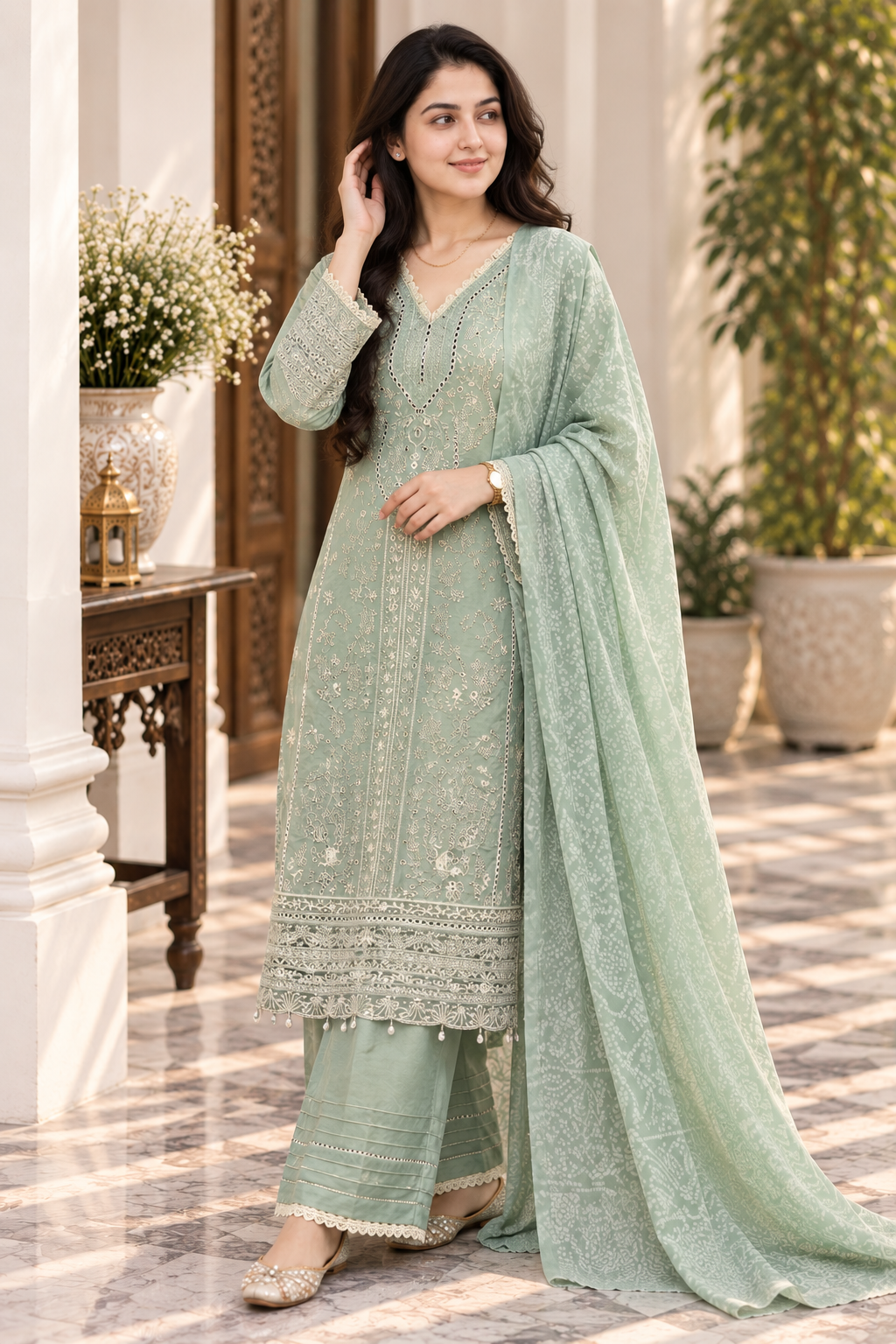 Sage Green Embroidered 3-Piece Organza Masuri Suit with Printed Trouser & Dupatta