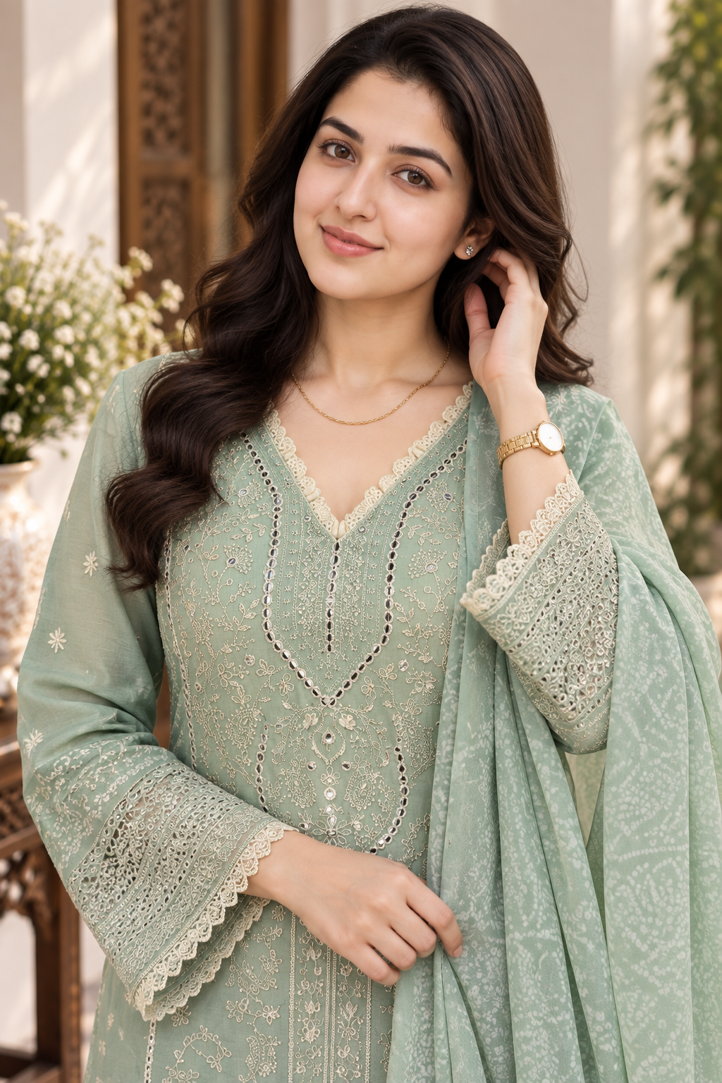 Sage Green Embroidered 3-Piece Organza Masuri Suit with Printed Trouser & Dupatta