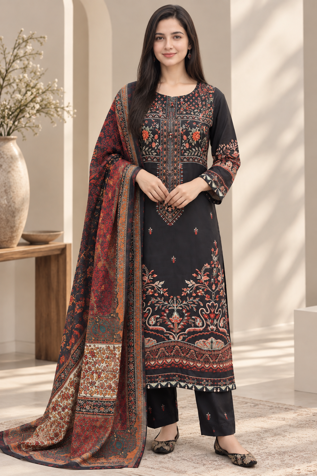 Black Floral Printed Silk 3-Piece Suit with Embroidered Borders & Printed Dupatta