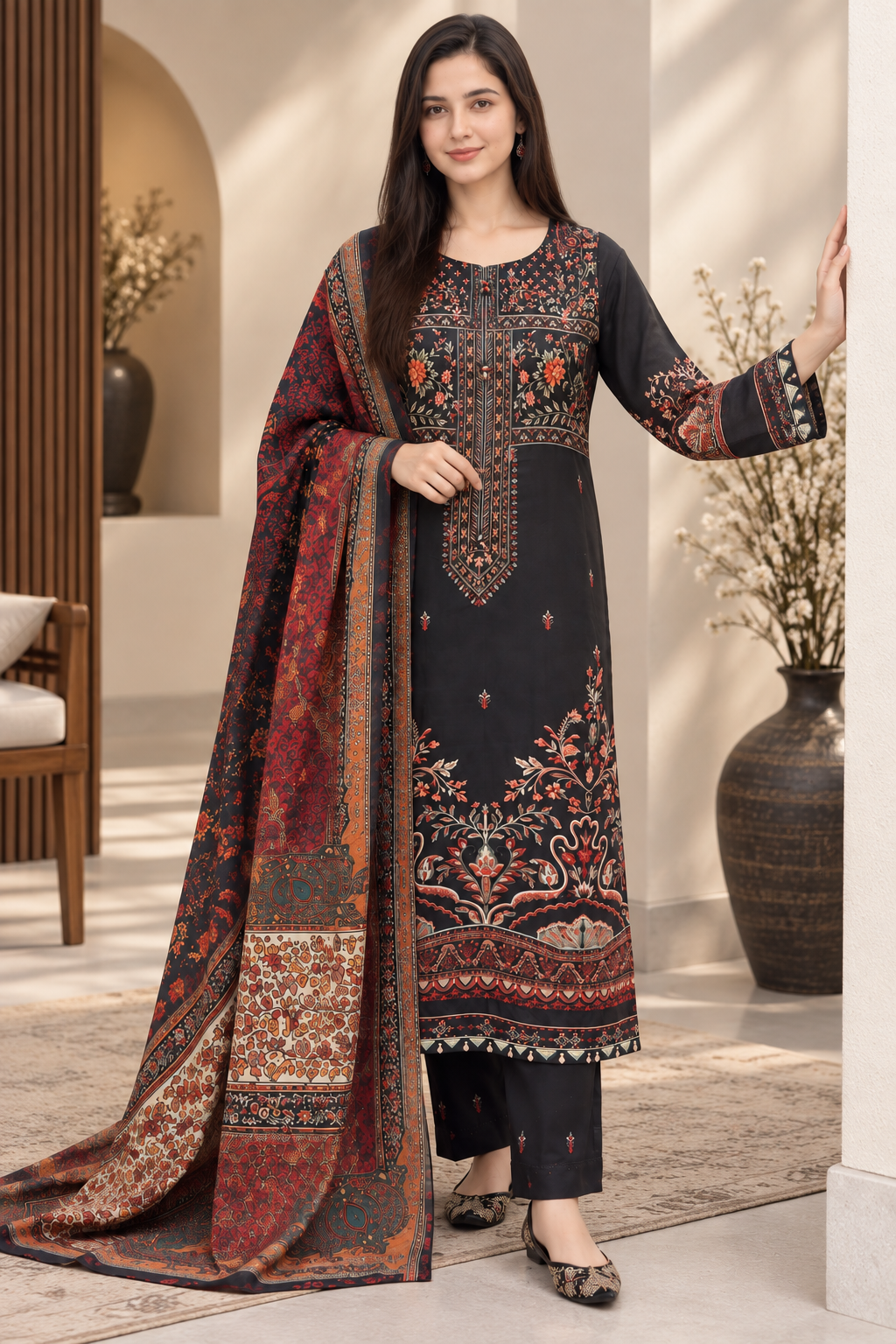 Black Floral Printed Silk 3-Piece Suit with Embroidered Borders & Printed Dupatta