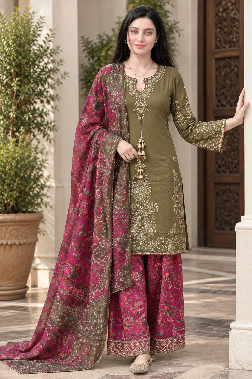 Olive Green & Magenta Embroidered 3-Piece Ethnic Style Luxury Silky Viscose Suit with Printed Silk Scarf