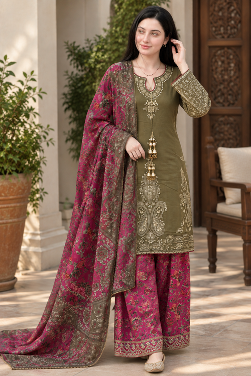 Olive Green & Magenta Embroidered 3-Piece Ethnic Style Luxury Silky Viscose Suit with Printed Silk Scarf