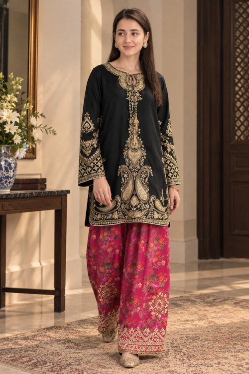 Black & Magenta Ethnic Style Luxury Silky Viscose 3-Piece Suit with Printed Silk Scarf