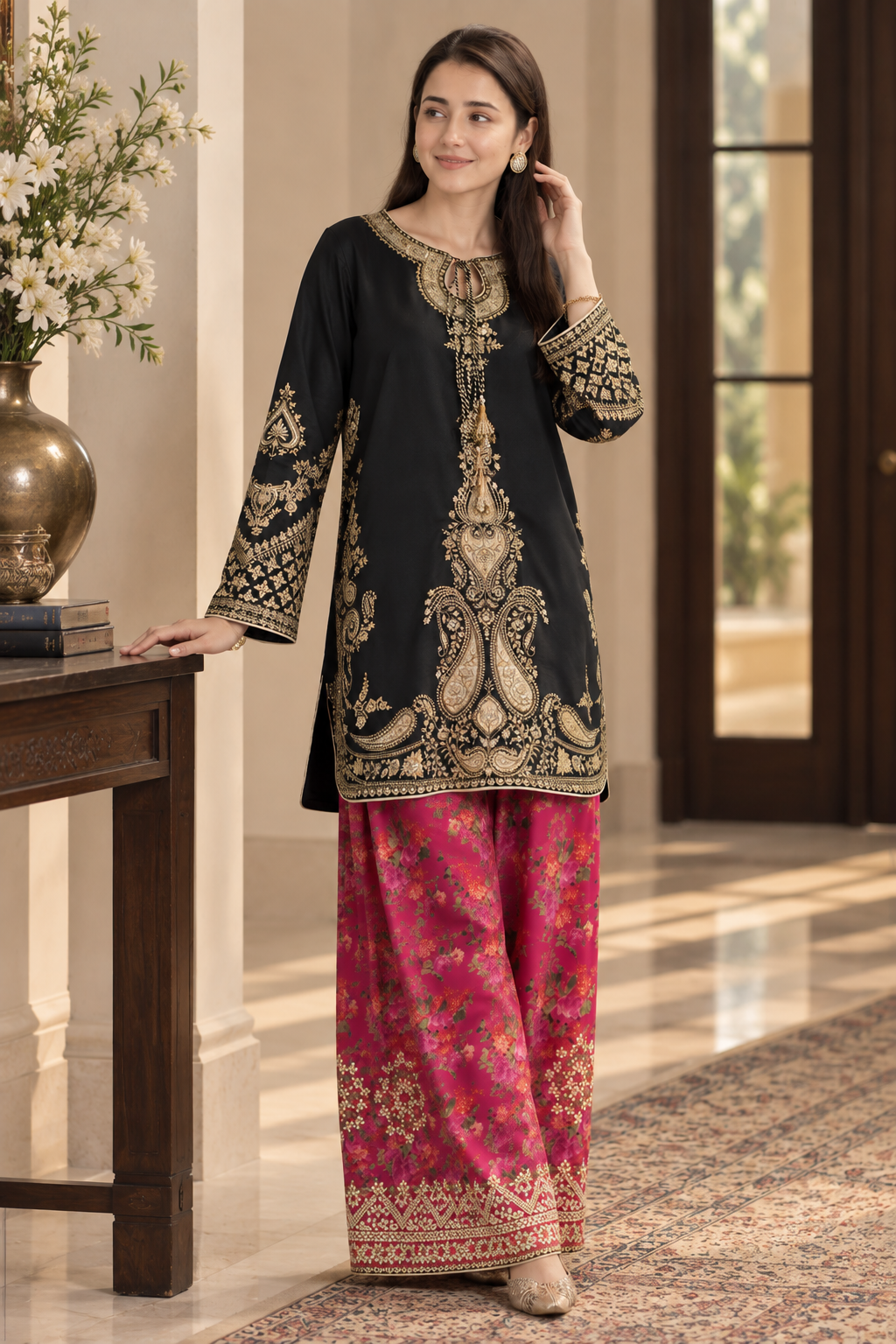 Black & Magenta Ethnic Style Luxury Silky Viscose 3-Piece Suit with Printed Silk Scarf