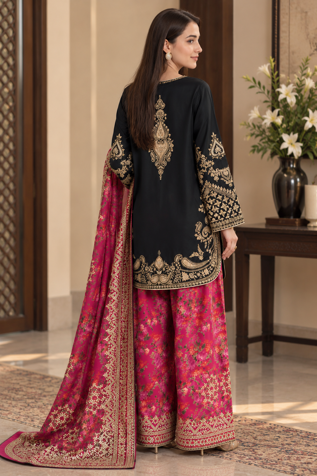 Black & Magenta Ethnic Style Luxury Silky Viscose 3-Piece Suit with Printed Silk Scarf