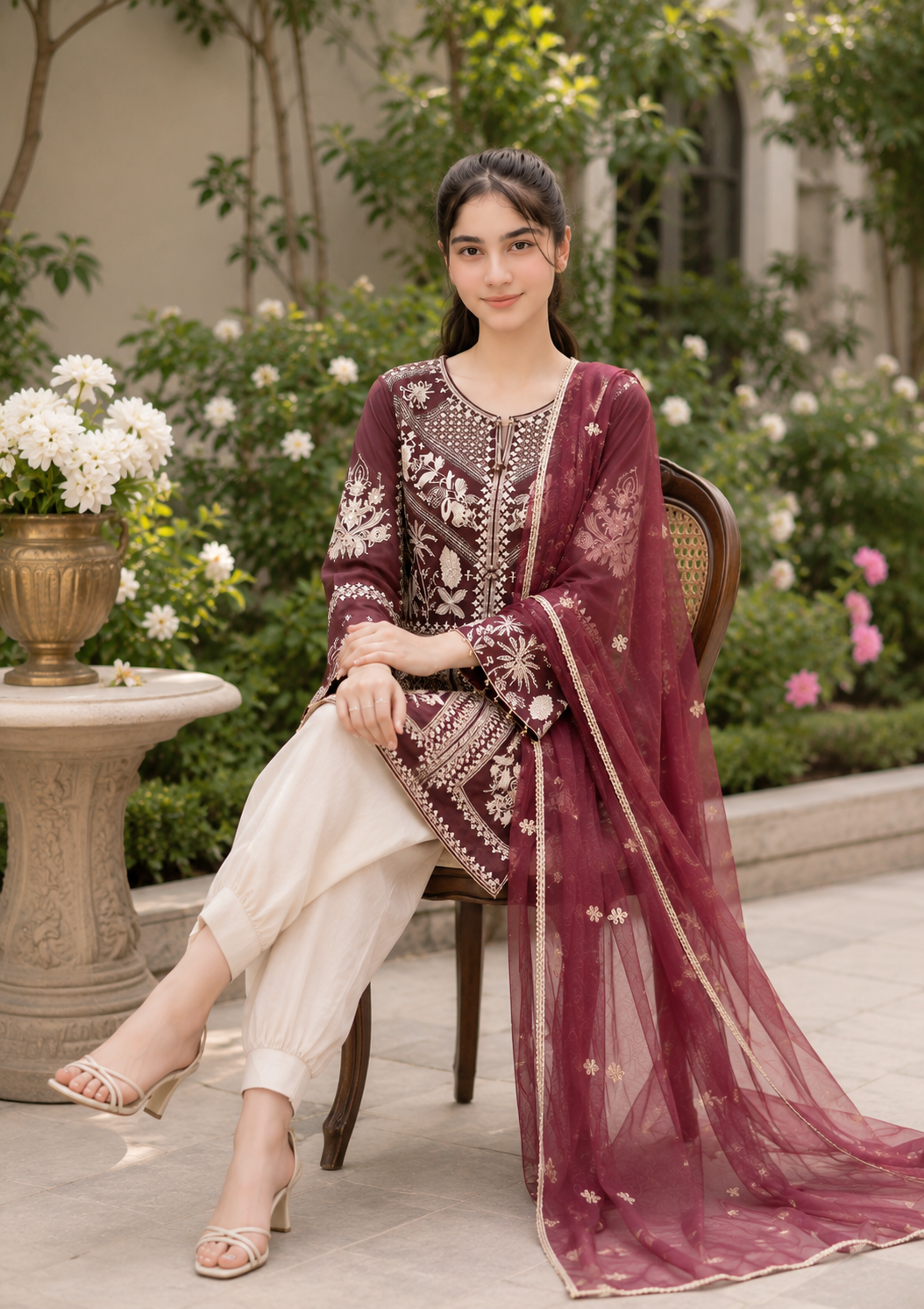 Maroon Luxury Embroidered 3-Piece Suit with Organza Dupatta & Tulip Shalwar