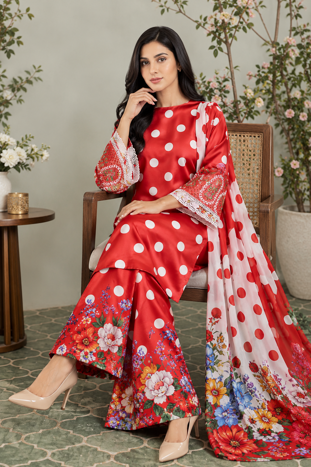 Coral Red Polka Dot Silk 3-Piece Suit with Floral Printed Trouser & Dupatta