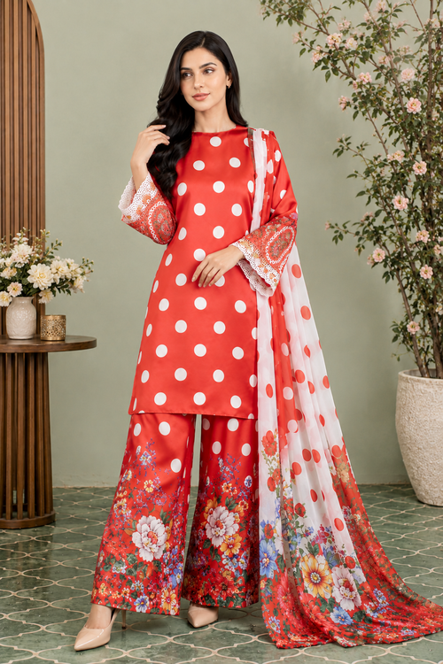Coral Red Polka Dot Silk 3-Piece Suit with Floral Printed Trouser & Dupatta