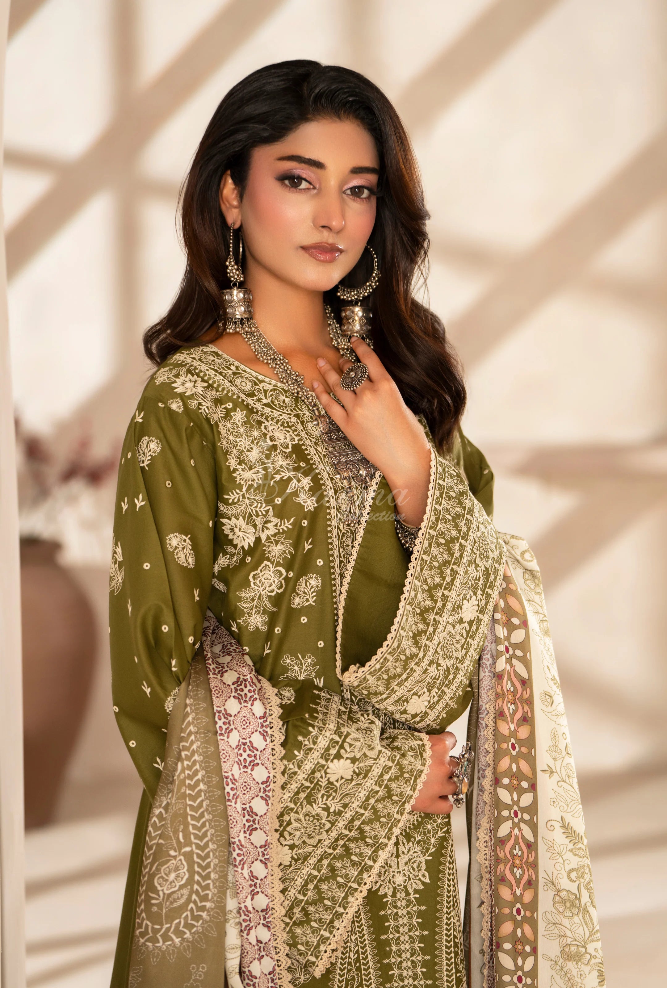 Original Karma collection olive green 3pc outfit with silk scarf