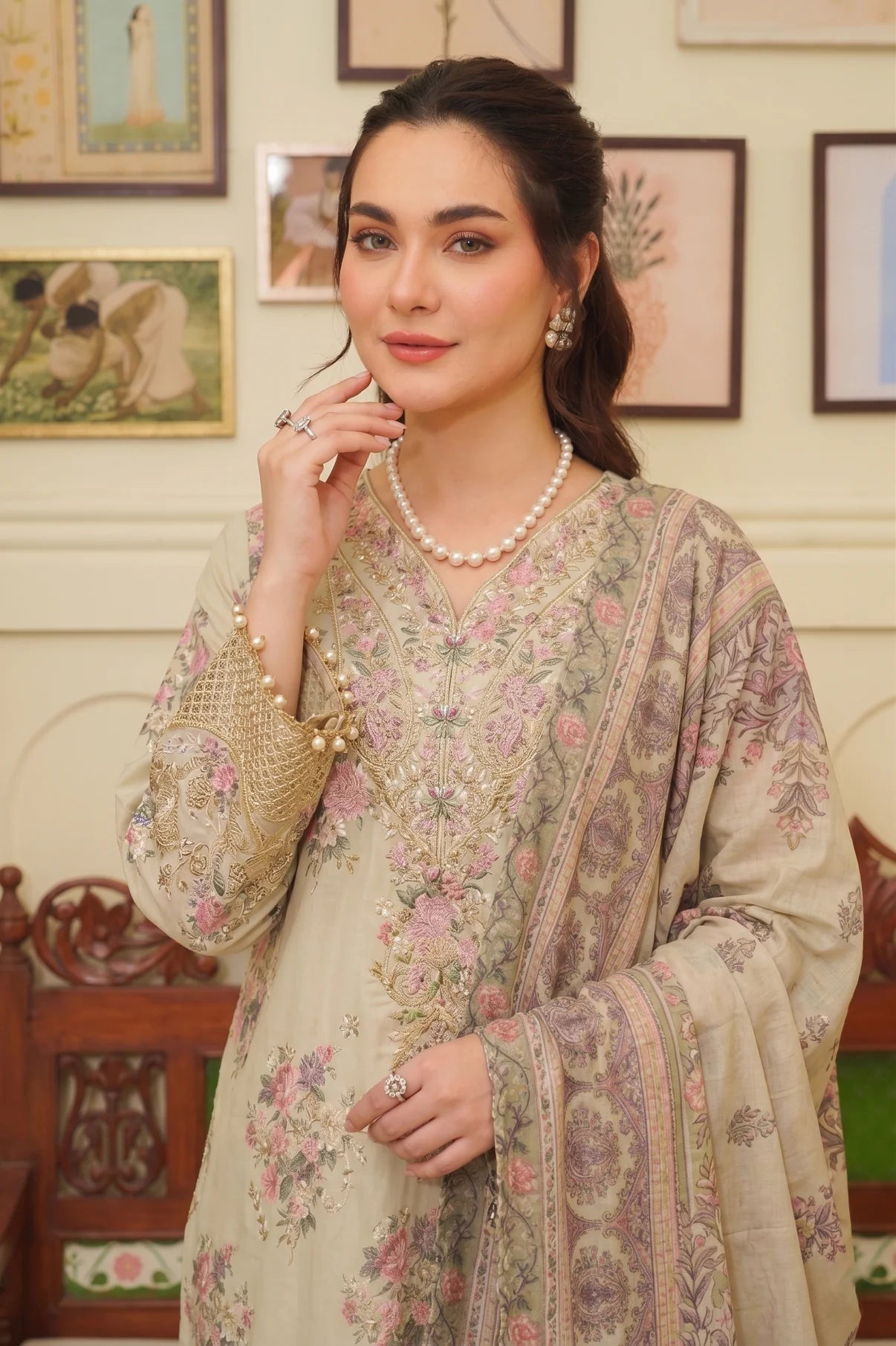 Ivory Bloom Embroidered Silk Viscose Suit with Floral Dupatta & Flare Trouser