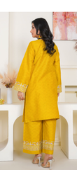2pc yellow with white embroidery on kameez and trousers