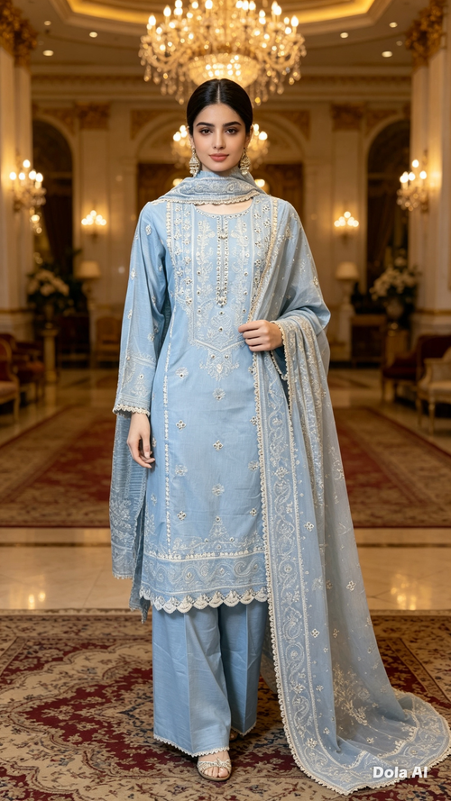 Baby blue with white embroidery 3pc outfit