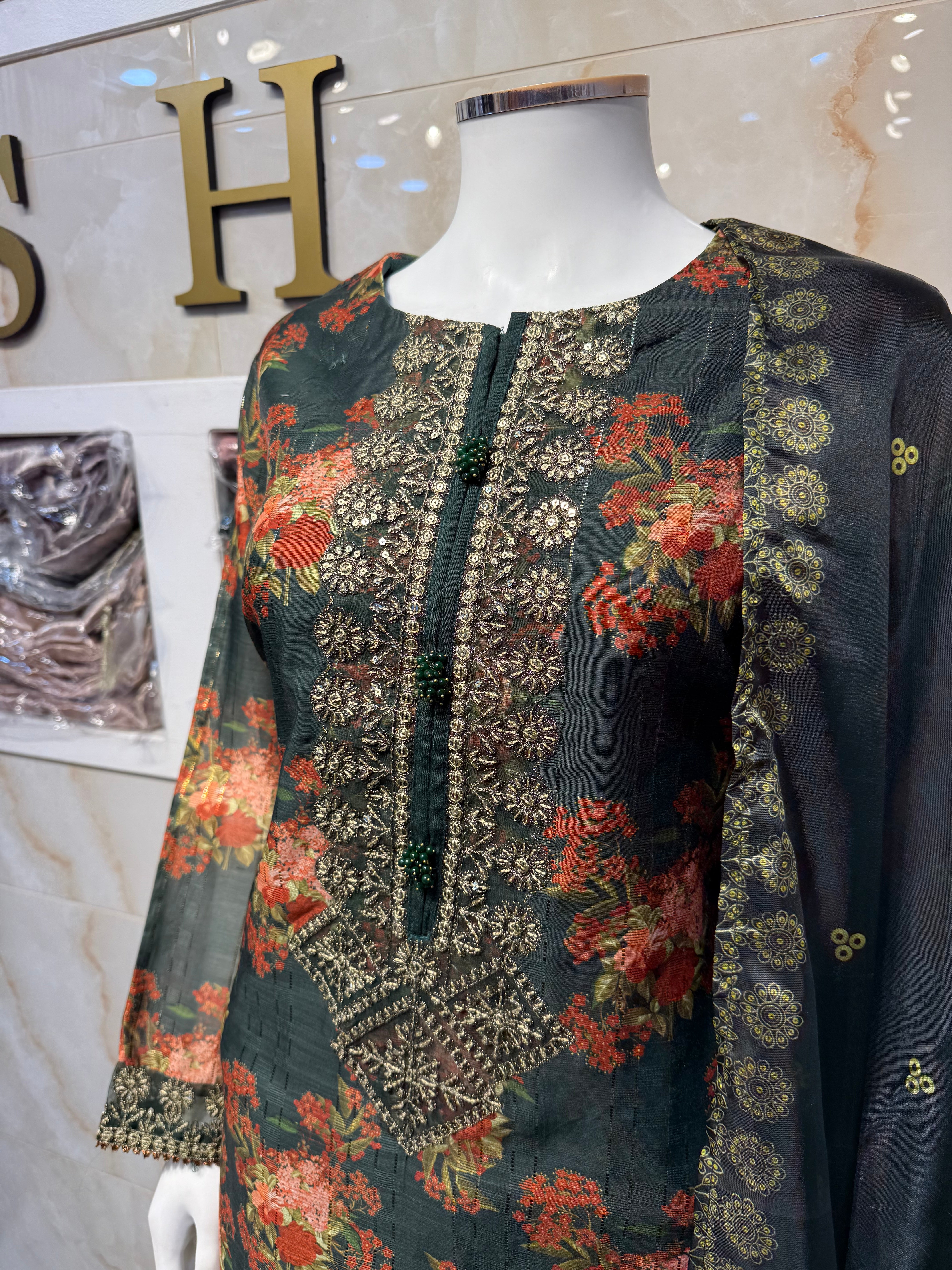 Ar Bottle Green Floral Long Length Ladies Suit with Intricate Design and Colorful Patterns