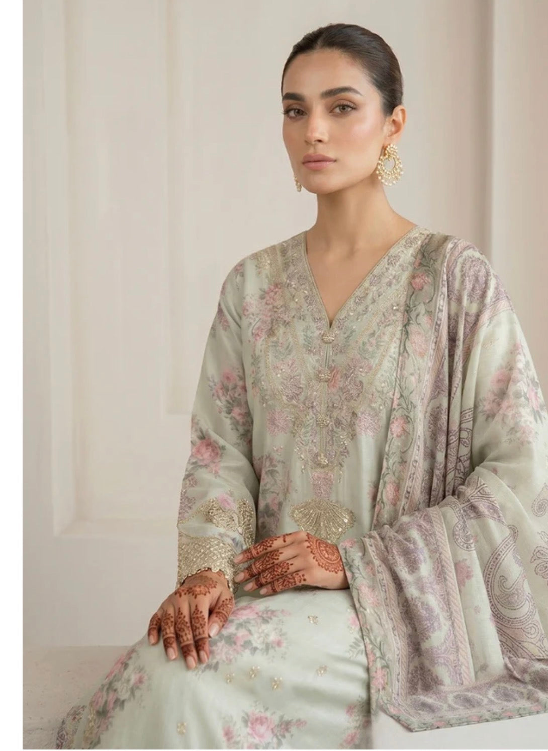 Ivory Bloom Embroidered Silk Viscose Suit with Floral Dupatta & Flare Trouser