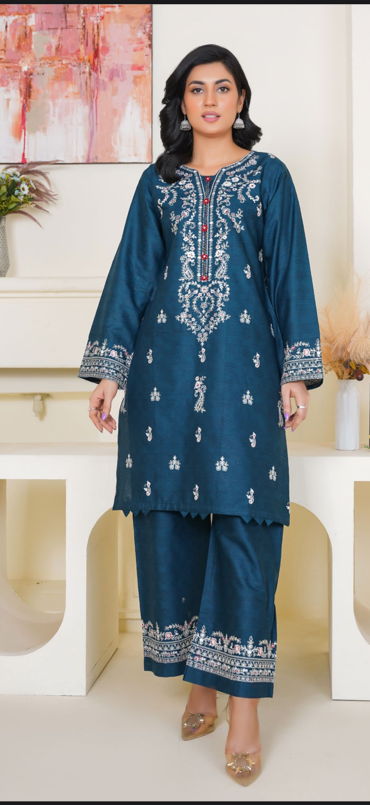 2pc teal suit with white embroidery