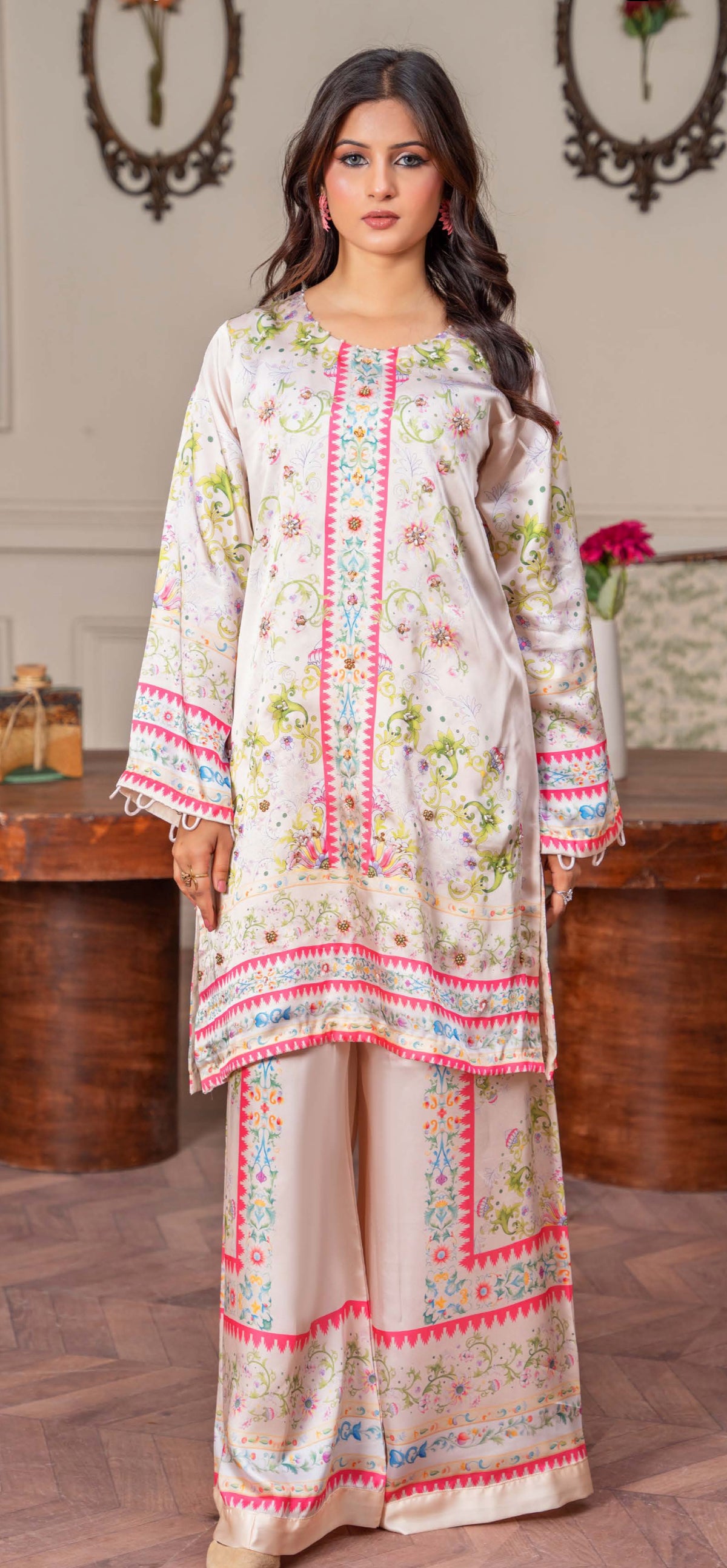 Luxury 2pc silk cream with pink and green