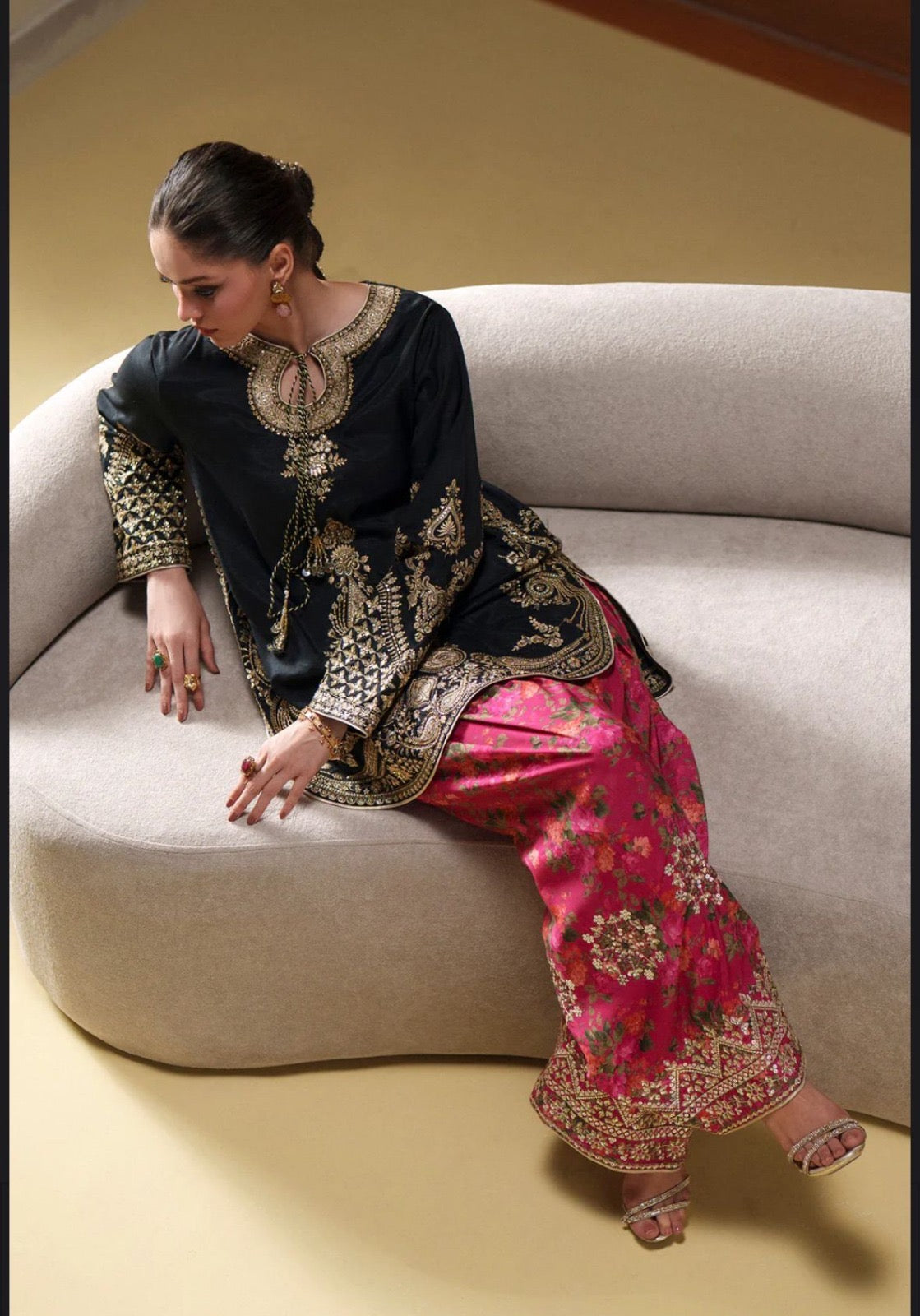 Ethnic inspired 3 pc outfit with printed silk scarf