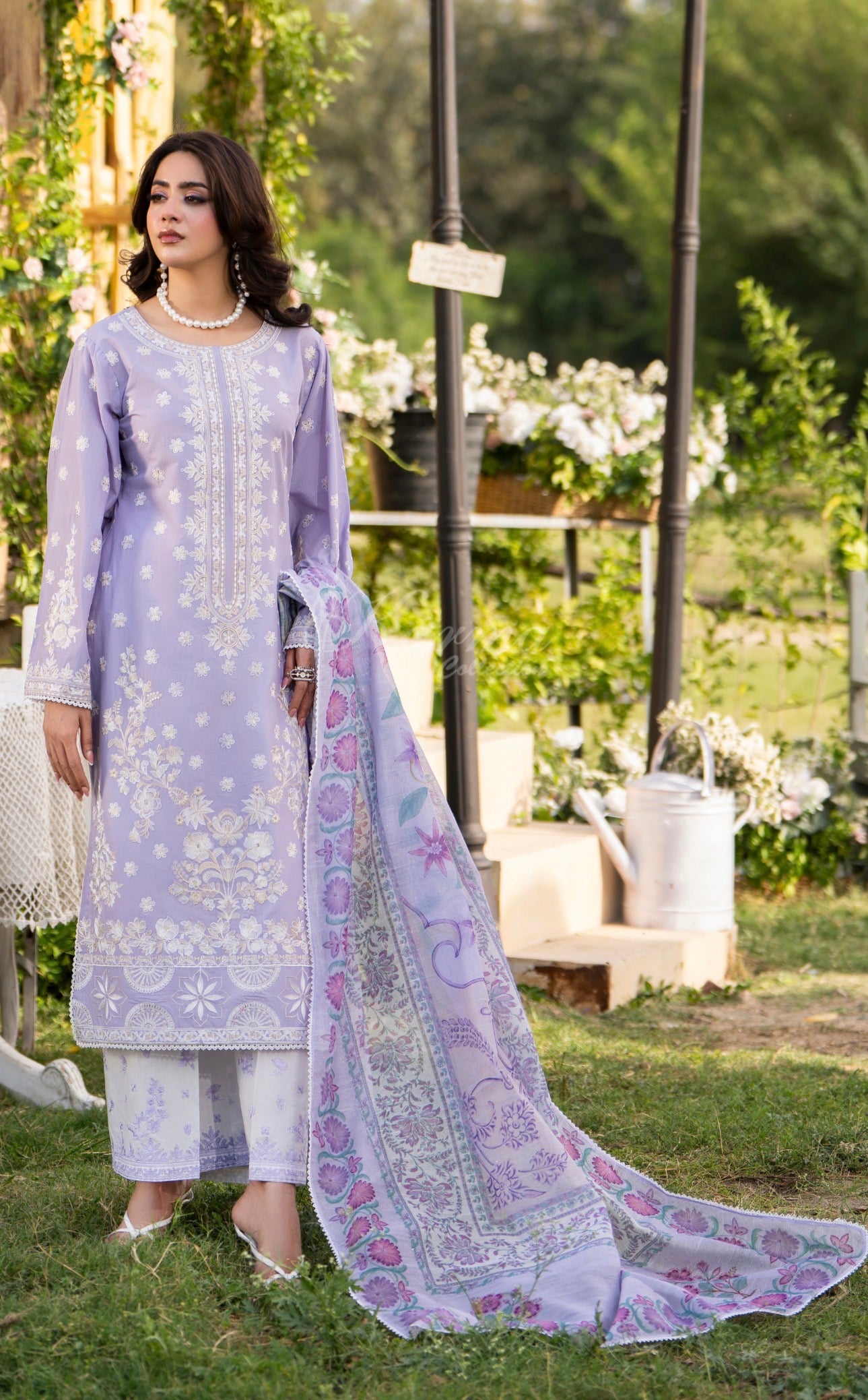Lilac with white embroidery 3pc original karma suit