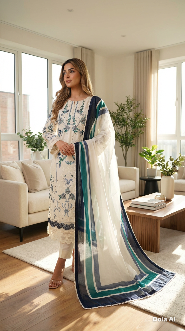 White and blue Maria b inspired 3pc outfit with silk scarf