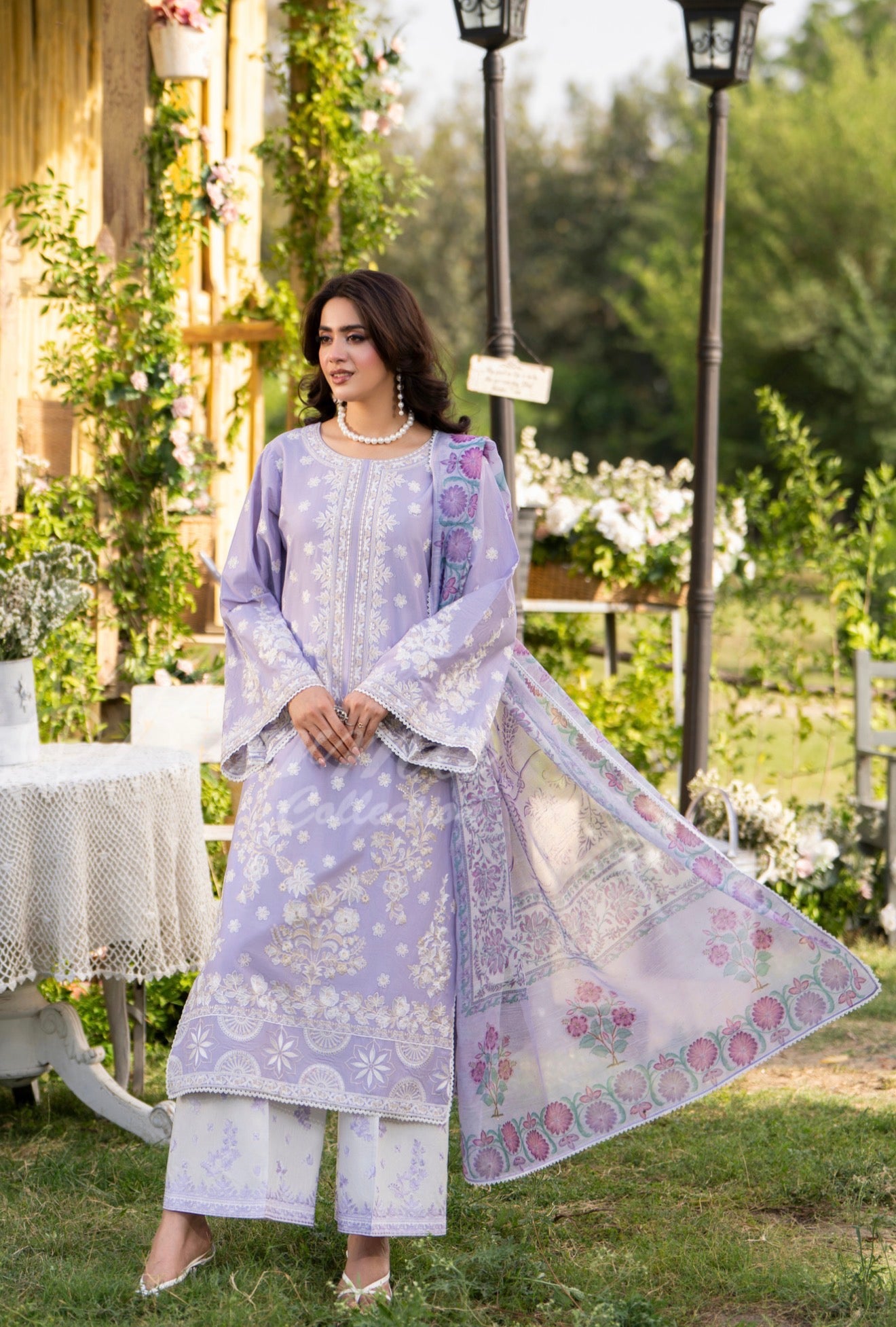 Lilac with white embroidery 3pc original karma suit
