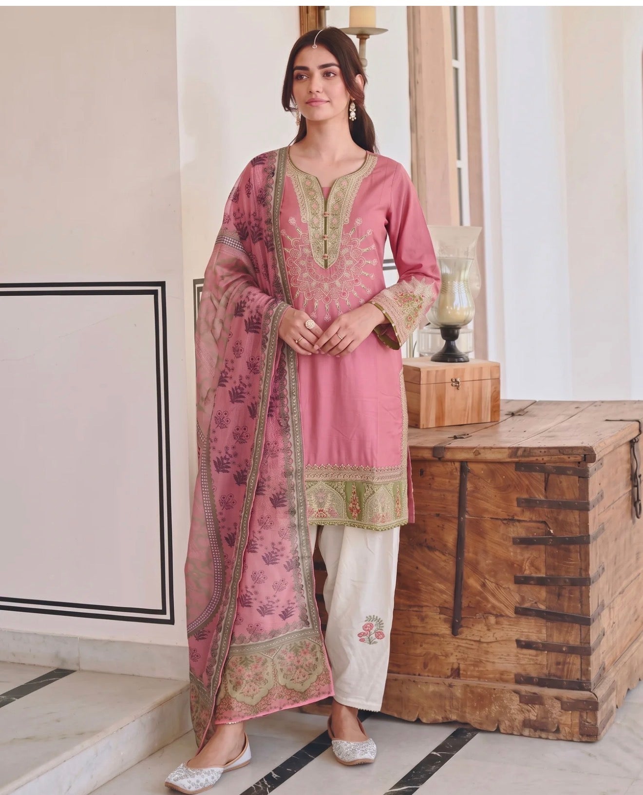 3pc ethnic pink and white farshi Shalwaar