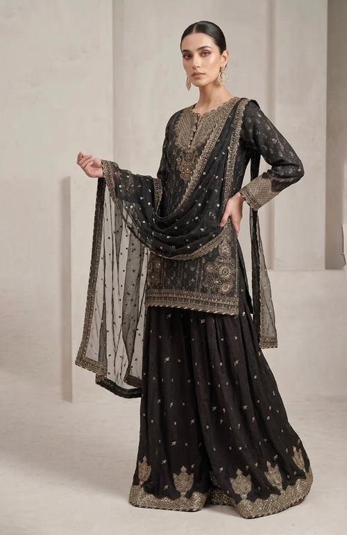 Black and gold embroidery 3pc Lengha suit