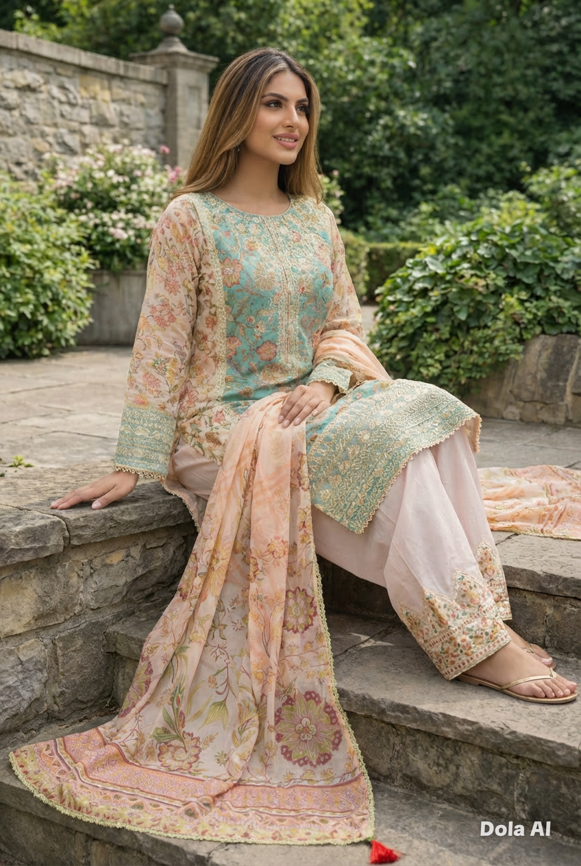 Karma Baby Blue 3pc Outfit With a Farshi Shalwar & Silk Scarf